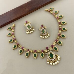 Kerala design green & red stone neckset